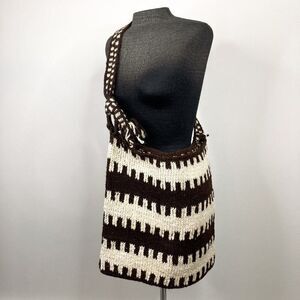 Large Knit Shoulder Tote Bag Purse Handmade? Brown Cream Boho Neutral